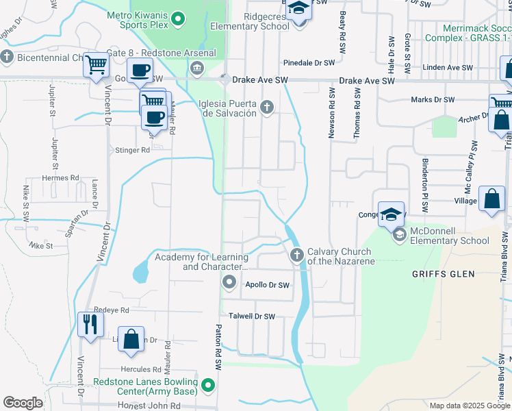 map of restaurants, bars, coffee shops, grocery stores, and more near 4101 Broyles Ave SW in Huntsville