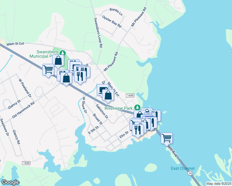 map of restaurants, bars, coffee shops, grocery stores, and more near 101 Park Place Drive in Swansboro