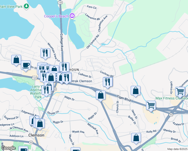 map of restaurants, bars, coffee shops, grocery stores, and more near 110 Cochran Road in Clemson