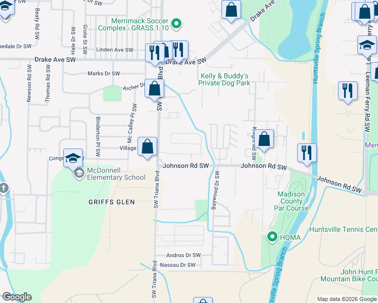 map of restaurants, bars, coffee shops, grocery stores, and more near 4007 Sewall Drive Southwest in Huntsville