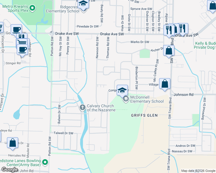 map of restaurants, bars, coffee shops, grocery stores, and more near 3422 Grassfort Drive Southwest in Huntsville
