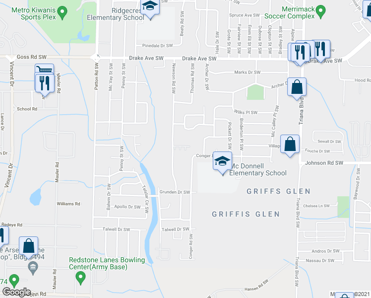 map of restaurants, bars, coffee shops, grocery stores, and more near 3422 Grassfort Drive Southwest in Huntsville