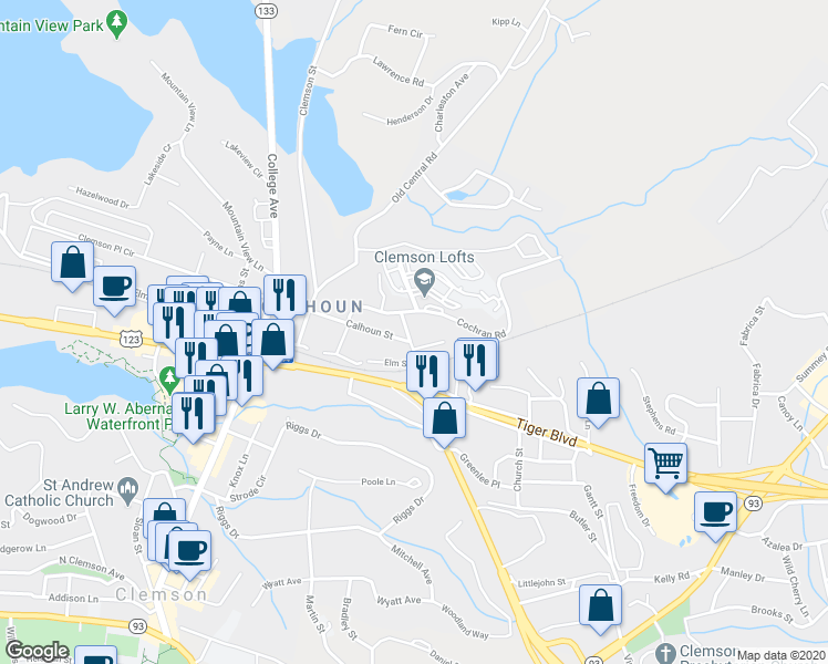 map of restaurants, bars, coffee shops, grocery stores, and more near 45 Elm Street in Clemson