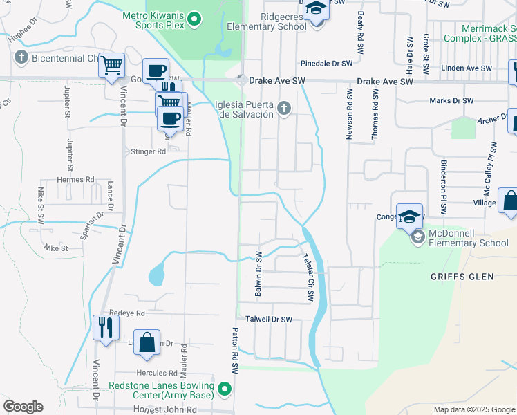 map of restaurants, bars, coffee shops, grocery stores, and more near 4109 Broyles Avenue Southwest in Huntsville