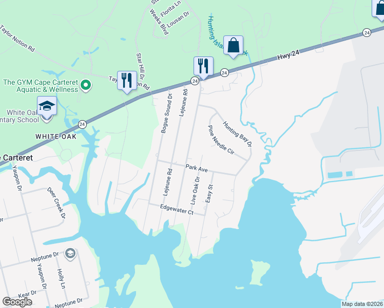 map of restaurants, bars, coffee shops, grocery stores, and more near 127 Bayshore Drive in Cape Carteret