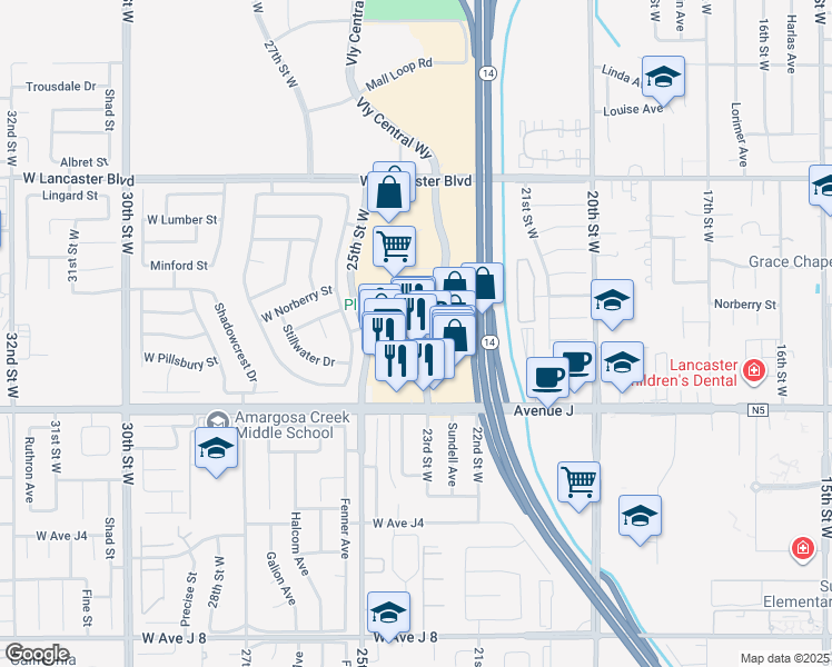 map of restaurants, bars, coffee shops, grocery stores, and more near 44599 Valley Central Way in Lancaster