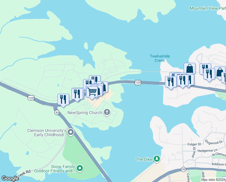 map of restaurants, bars, coffee shops, grocery stores, and more near Calhoun Memorial Highway in Clemson