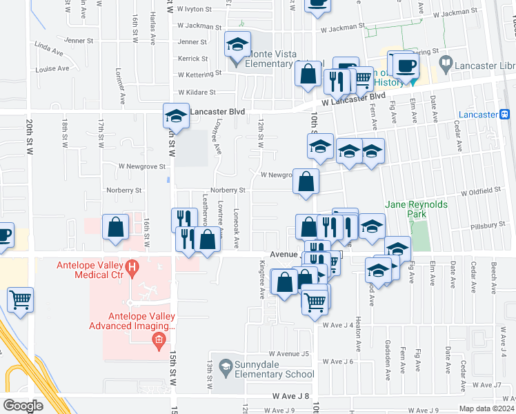 map of restaurants, bars, coffee shops, grocery stores, and more near 1138 West Oldfield Street in Lancaster