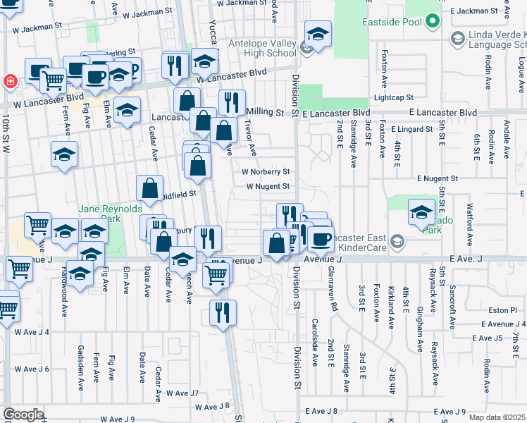 map of restaurants, bars, coffee shops, grocery stores, and more near 44532 Trevor Avenue in Lancaster