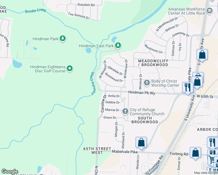 map of restaurants, bars, coffee shops, grocery stores, and more near 83 West Windsor Drive in Little Rock