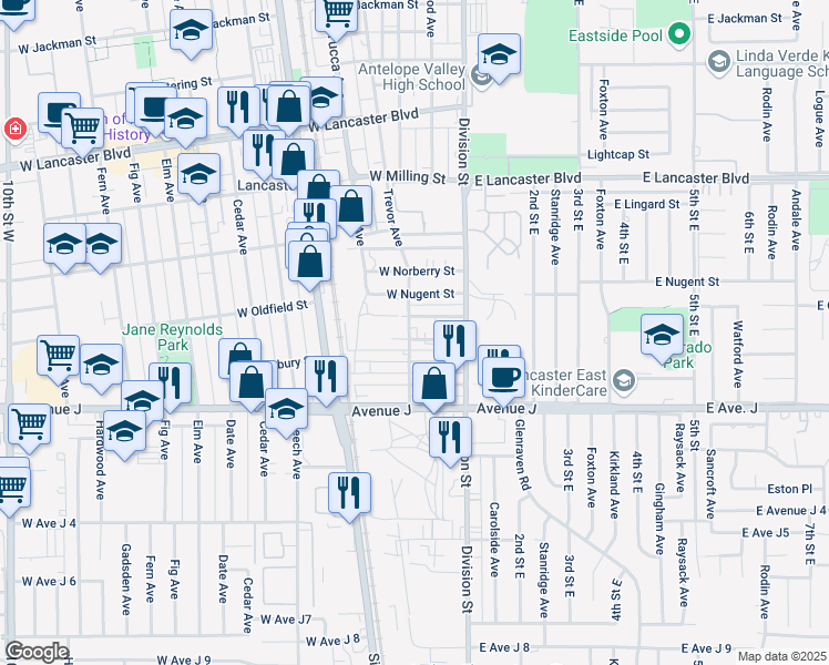 map of restaurants, bars, coffee shops, grocery stores, and more near 44532 Trevor Avenue in Lancaster