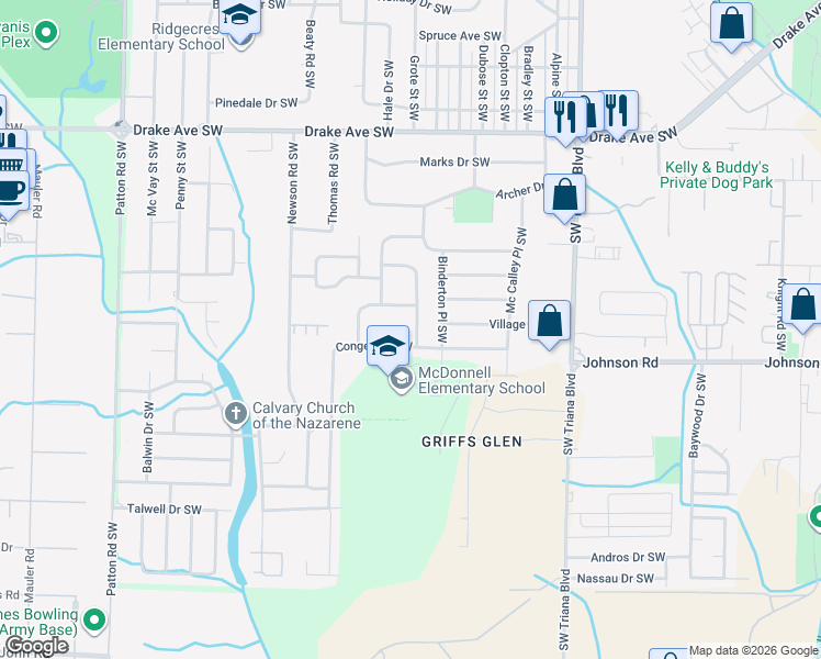 map of restaurants, bars, coffee shops, grocery stores, and more near 3916 Pickett Drive Southwest in Huntsville