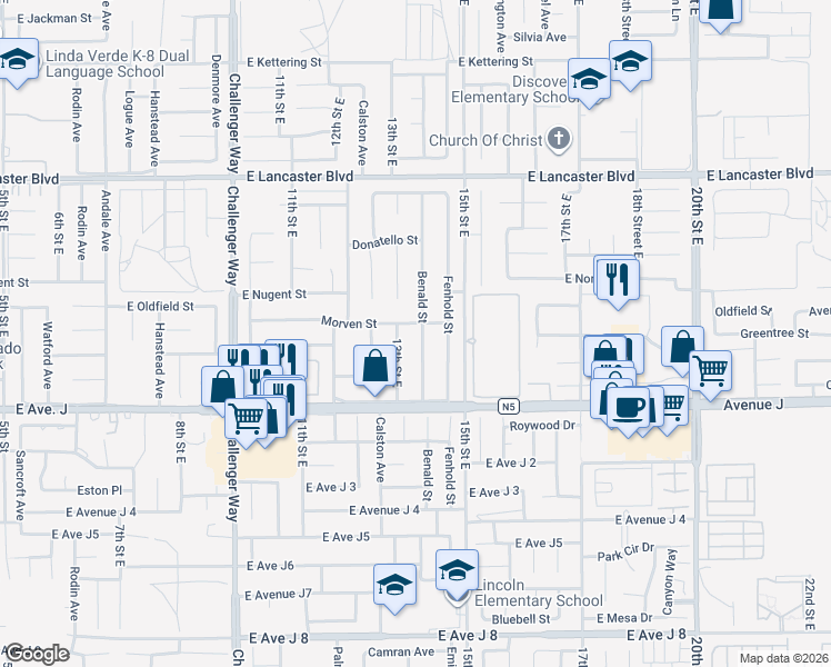 map of restaurants, bars, coffee shops, grocery stores, and more near 44519 Benald Street in Lancaster