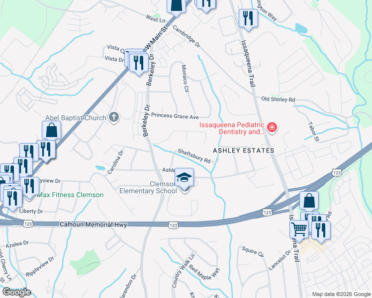 map of restaurants, bars, coffee shops, grocery stores, and more near 107 Shaftsbury Road in Clemson