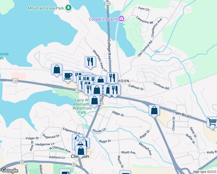 map of restaurants, bars, coffee shops, grocery stores, and more near 600 College Avenue in Clemson