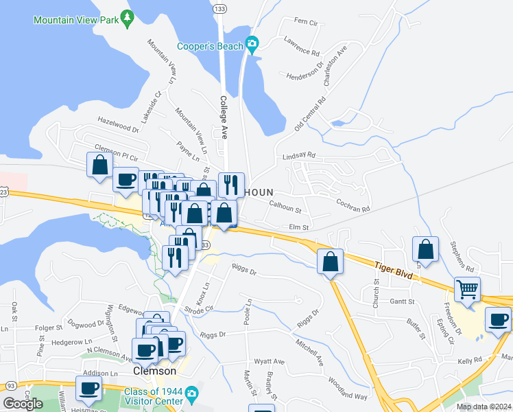 map of restaurants, bars, coffee shops, grocery stores, and more near 102 Clemson Street in Clemson