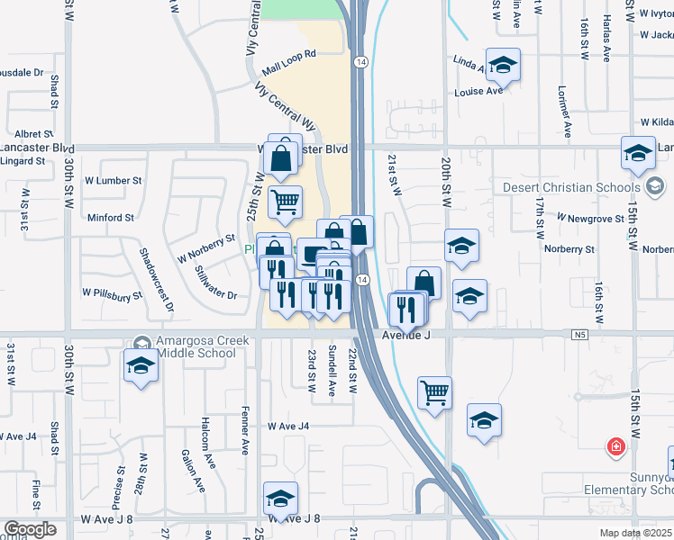 map of restaurants, bars, coffee shops, grocery stores, and more near 44530 Valley Central Way in Lancaster