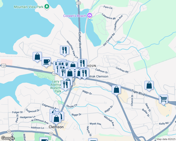 map of restaurants, bars, coffee shops, grocery stores, and more near 102 Clemson Street in Clemson