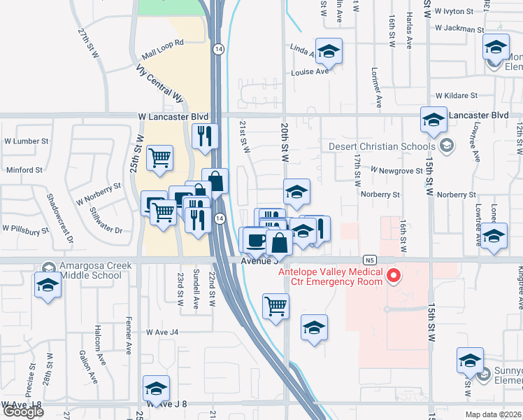 map of restaurants, bars, coffee shops, grocery stores, and more near 44510 21st Street West in Lancaster
