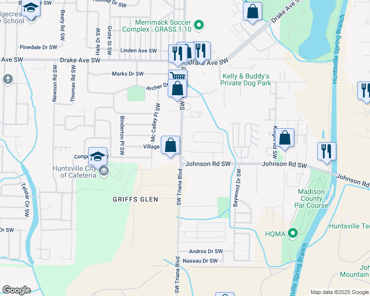 map of restaurants, bars, coffee shops, grocery stores, and more near 4115 Triana Boulevard Southwest in Huntsville