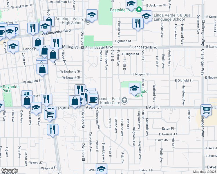 map of restaurants, bars, coffee shops, grocery stores, and more near 44520 Stanridge Avenue in Lancaster