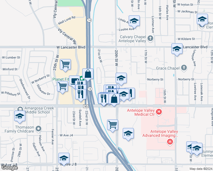map of restaurants, bars, coffee shops, grocery stores, and more near 44510 21st Street West in Lancaster