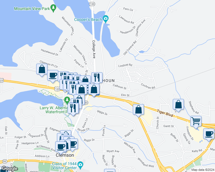 map of restaurants, bars, coffee shops, grocery stores, and more near 204 Calhoun Street in Clemson