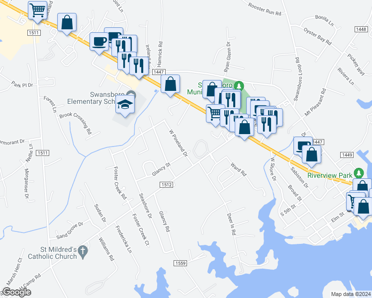 map of restaurants, bars, coffee shops, grocery stores, and more near 710 West Pineland Drive in Swansboro