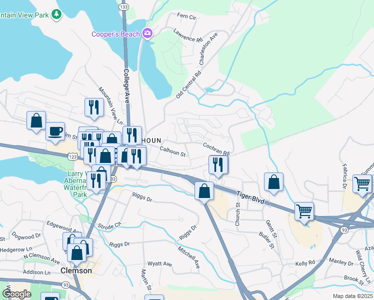 map of restaurants, bars, coffee shops, grocery stores, and more near 209 Calhoun Street in Clemson