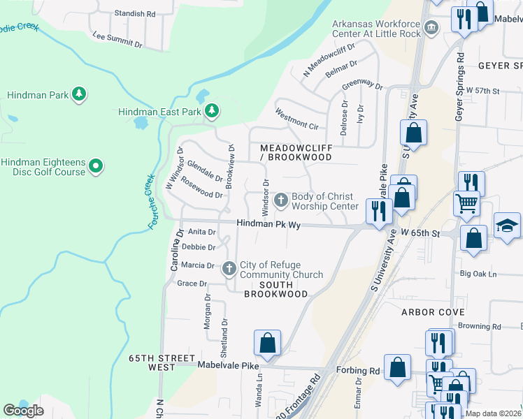 map of restaurants, bars, coffee shops, grocery stores, and more near 32 Windsor Drive in Little Rock