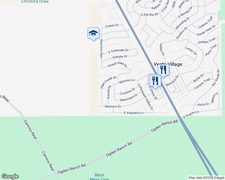 map of restaurants, bars, coffee shops, grocery stores, and more near 2644 Mohave Lane in Cottonwood