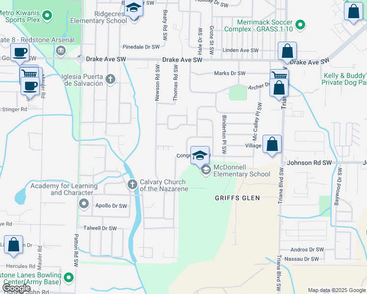 map of restaurants, bars, coffee shops, grocery stores, and more near 3422 Grassfort Drive Southwest in Huntsville