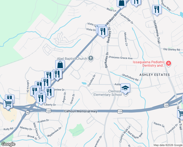 map of restaurants, bars, coffee shops, grocery stores, and more near 103 Cardinal Drive in Clemson