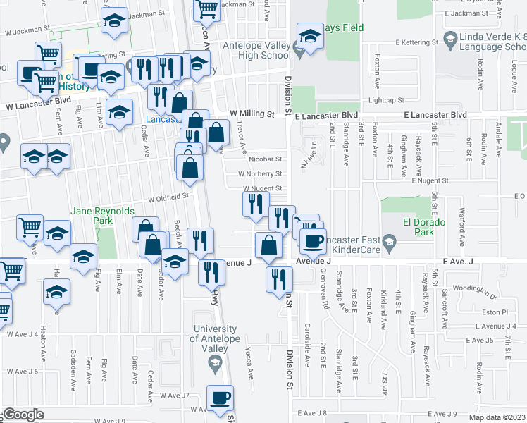 map of restaurants, bars, coffee shops, grocery stores, and more near 211 West Ovington Street in Lancaster