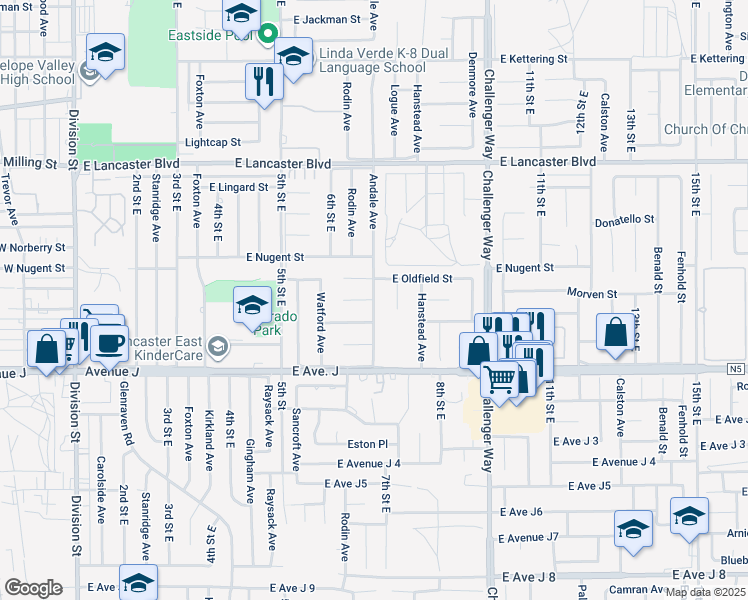 map of restaurants, bars, coffee shops, grocery stores, and more near East Ovington Street in Lancaster