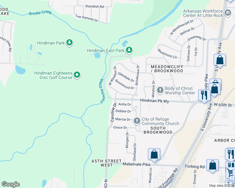 map of restaurants, bars, coffee shops, grocery stores, and more near 83 West Windsor Drive in Little Rock