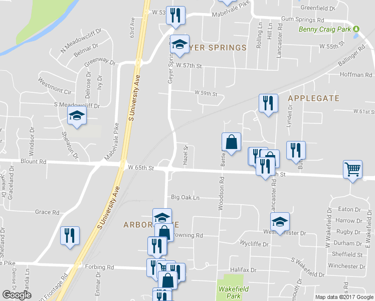 map of restaurants, bars, coffee shops, grocery stores, and more near 6431 Hazel Street in Little Rock