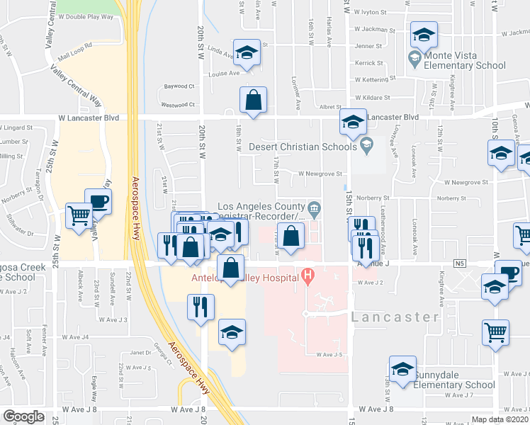 map of restaurants, bars, coffee shops, grocery stores, and more near 44528 Camolin Lane in Lancaster