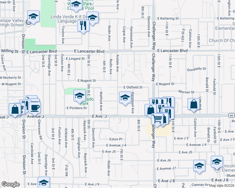 map of restaurants, bars, coffee shops, grocery stores, and more near East Ovington Street in Lancaster