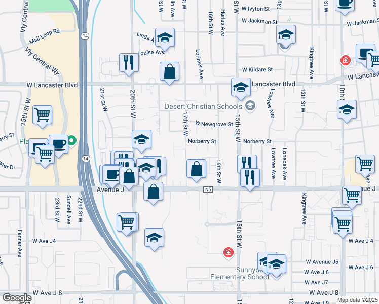 map of restaurants, bars, coffee shops, grocery stores, and more near 44528 17th Street West in Lancaster