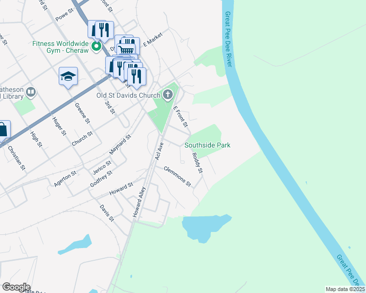 map of restaurants, bars, coffee shops, grocery stores, and more near 103 Fred Harris Drive in Cheraw