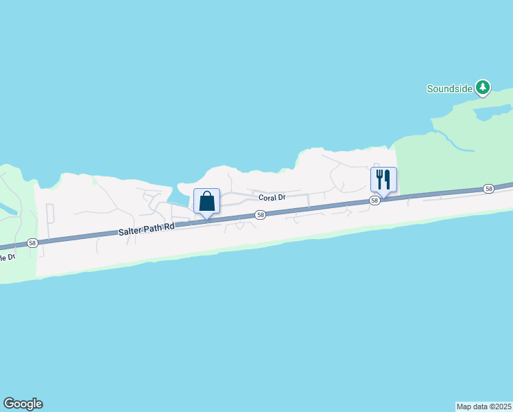 map of restaurants, bars, coffee shops, grocery stores, and more near 561 Coral Ridge Rd in Pine Knoll Shores