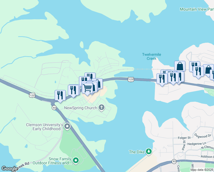 map of restaurants, bars, coffee shops, grocery stores, and more near Calhoun Memorial Highway in Clemson