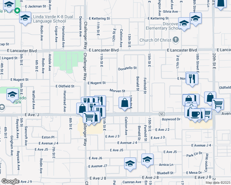 map of restaurants, bars, coffee shops, grocery stores, and more near 44514 Palm Vista Avenue in Lancaster