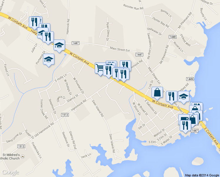 map of restaurants, bars, coffee shops, grocery stores, and more near 215 Old Hammock Road in Swansboro