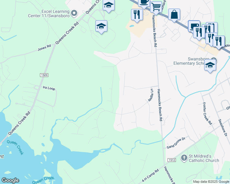 map of restaurants, bars, coffee shops, grocery stores, and more near 212 Knightheads Drive in Swansboro