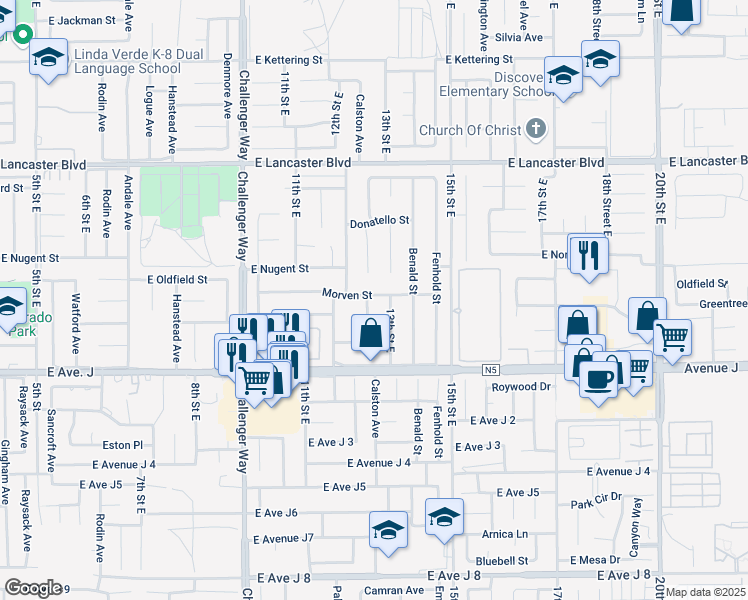 map of restaurants, bars, coffee shops, grocery stores, and more near 44520 Calston Avenue in Lancaster