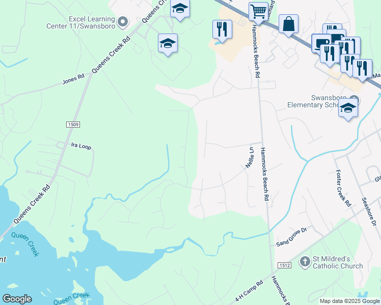 map of restaurants, bars, coffee shops, grocery stores, and more near 212 Knightheads Drive in Swansboro
