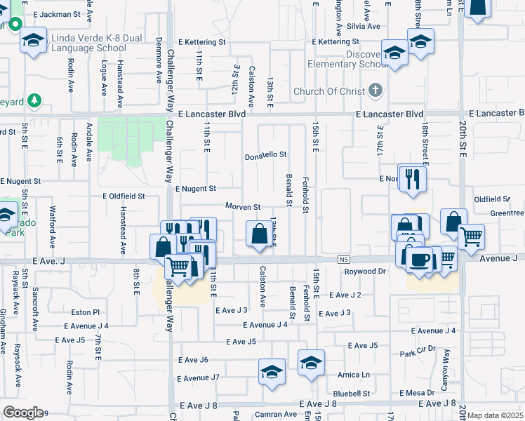 map of restaurants, bars, coffee shops, grocery stores, and more near 44520 Calston Avenue in Lancaster