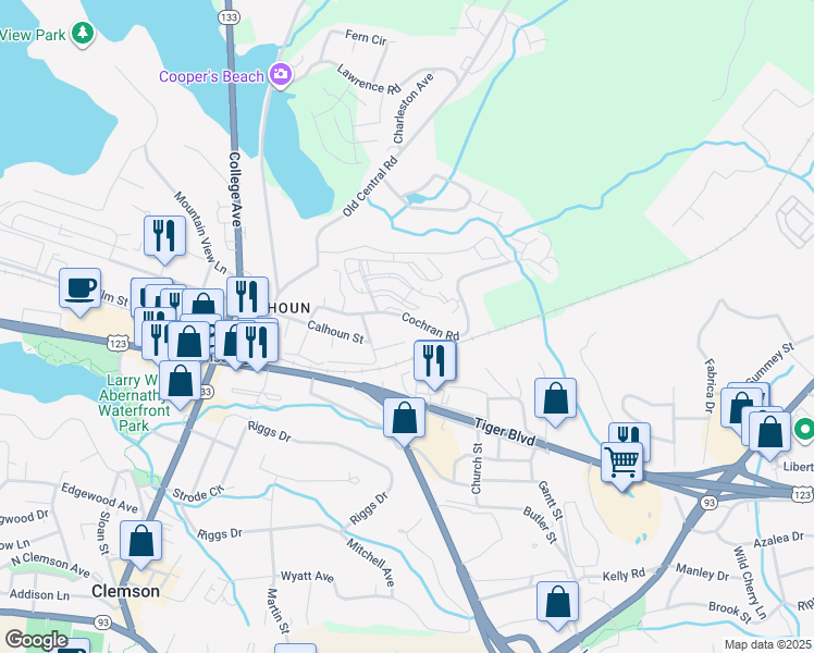 map of restaurants, bars, coffee shops, grocery stores, and more near 128 Cochran Road in Clemson